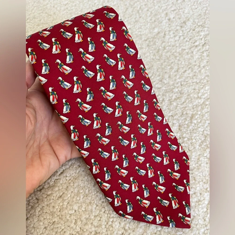 Brooks Brothers Makers Men's Mens 100% Silk Tie Christmas Geese Ducks Red White